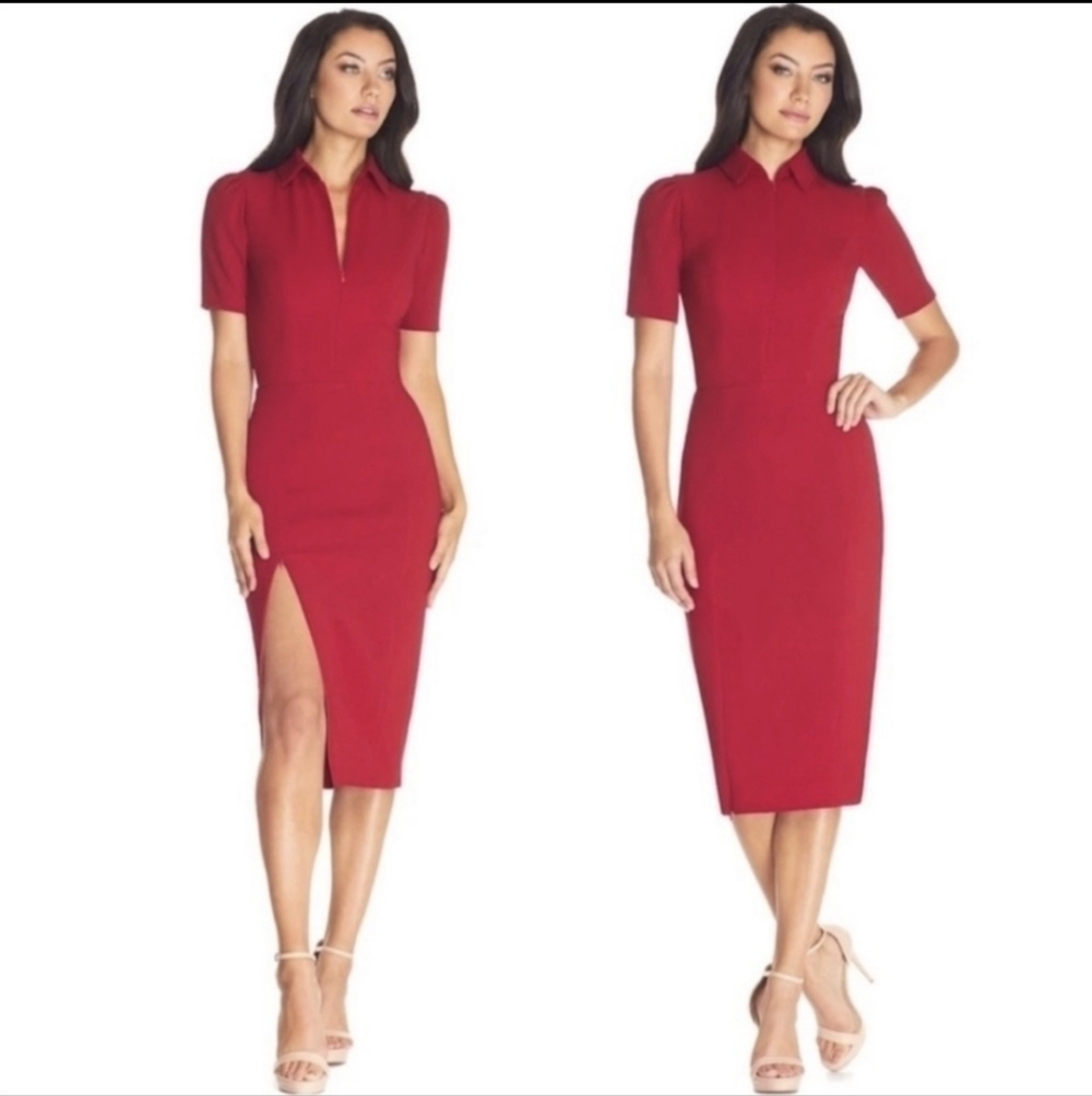 DRESS The Population Gloria Red High Slit Zip Front Midi Sheath Dress XS